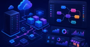 Ilustração editorial de um fluxo visual de automação em containers conectados a uma VPS