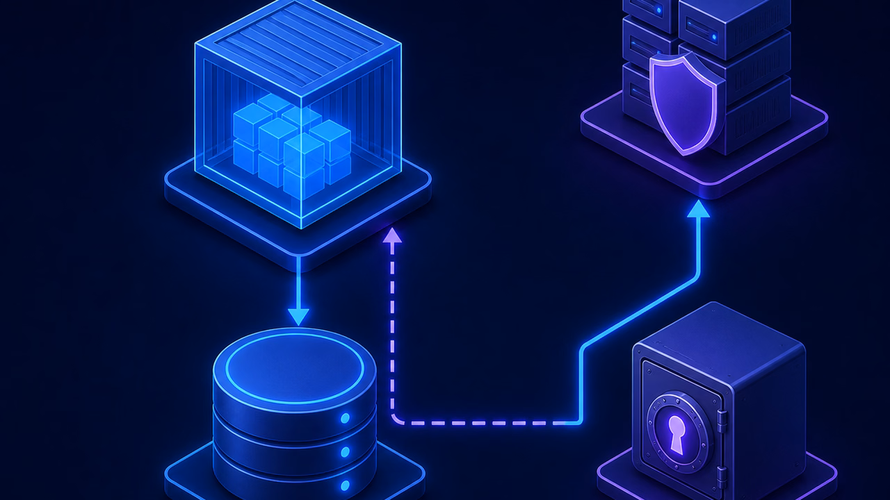Node-RED em VPS com Docker: vale a pena para automações em 2026? 1 Ilustração técnica de container ligado a volume persistente, cofre de segredos e backup protegido