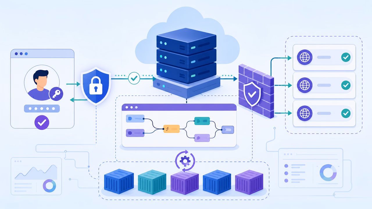 Node-RED em VPS com Docker: vale a pena para automações em 2026? 2 Ilustração técnica de HTTPS, autenticação do editor e proteção separada de endpoints HTTP
