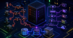 Ilustração de fluxos Node-RED com sensores e n8n com apps convergindo em uma VPS com banco de dados e backup