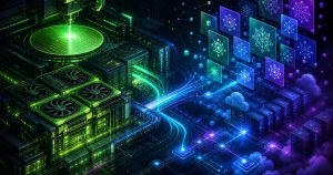 Ilustração de uma fábrica de GPUs conectada a servidores e repositórios de modelos de IA