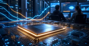 Chip de inferência de IA em destaque sobre placa eletrônica, com data center e painéis de desempenho ao fundo