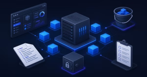 Ilustração isométrica de uma VPS com containers, painel, arquivo Compose, cofre de segredos, backup externo e checklist de restauração