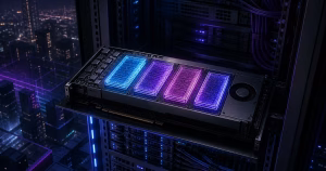 GPU de servidor em rack com quatro frações virtuais de VRAM iluminadas em azul e roxo