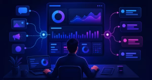 Empreendedor solo acompanha rotas de links e métricas de campanhas em um painel abstrato