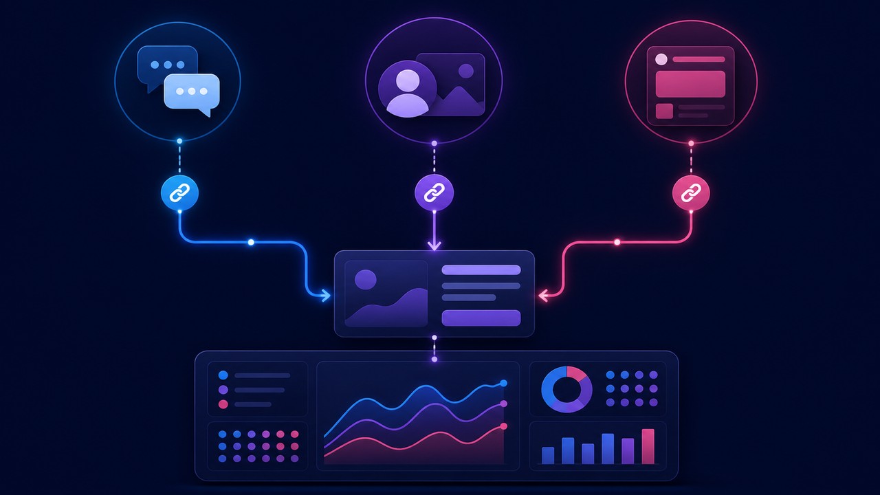 Switchy em 2026: guia para decidir sobre links e atribuição 2 Três rotas distintas de mensagem, rede social e anúncio convergem para uma oferta e um painel
