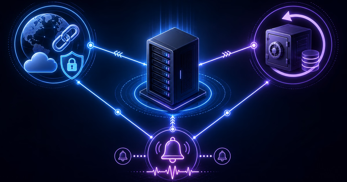 Cloudflare Tunnel, backup e monitoramento para VPS em 2026 1 Servidor no centro de um triângulo formado por URL pública, backup restaurável e alertas de jobs