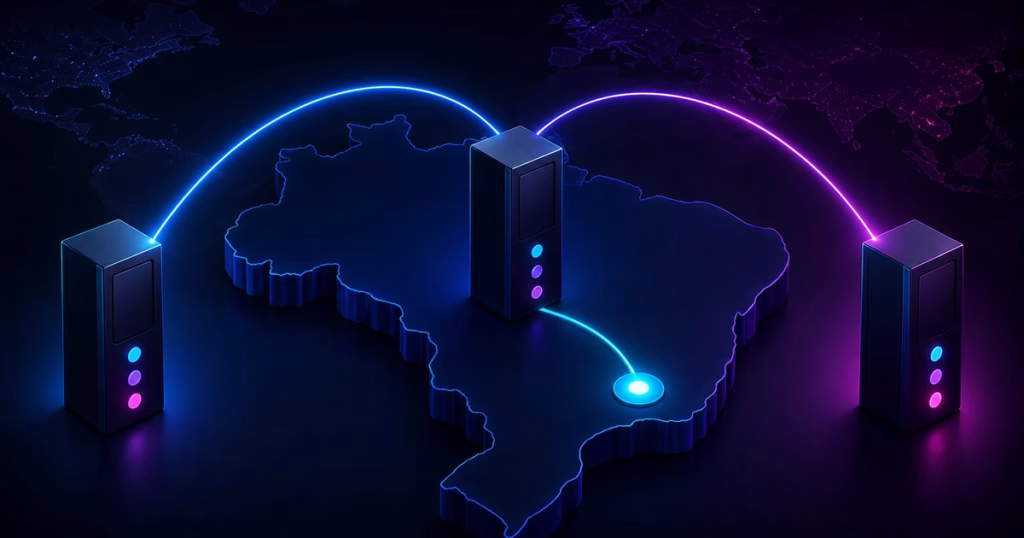 Três racks de servidor conectados ao mapa do Brasil por uma rota local e duas rotas internacionais