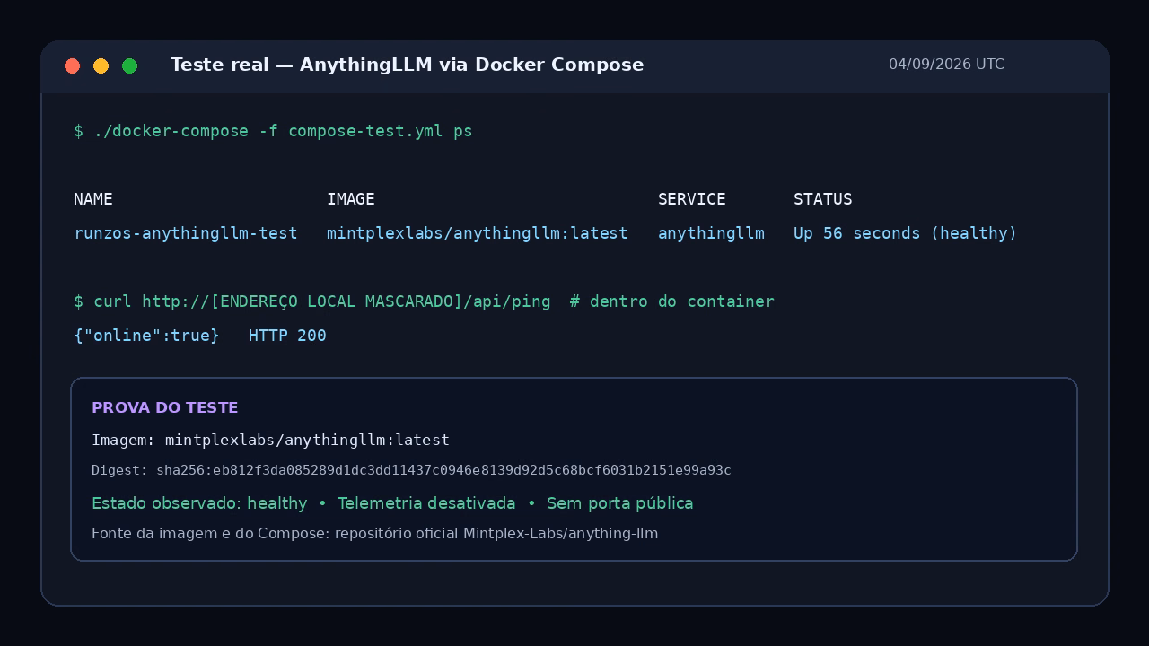 AnythingLLM em teste real com Docker Compose Terminal mostrando o container do AnythingLLM saudável após teste real com Docker Compose