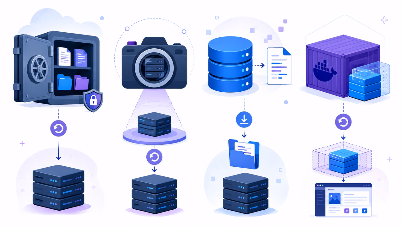 Backup de VPS em 2026: Restic, Duplicati ou snapshot do provedor? 1 Ilustração: Backup, snapshot, dump e volume Docker recuperam coisas diferentes