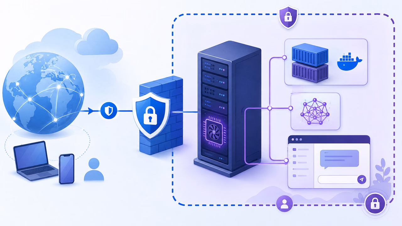 Como rodar Ollama e Open WebUI com Docker em VPS GPU sem expor seus dados 2 Ilustração: Arquitetura privada mínima: o que fica público e o que fica interno