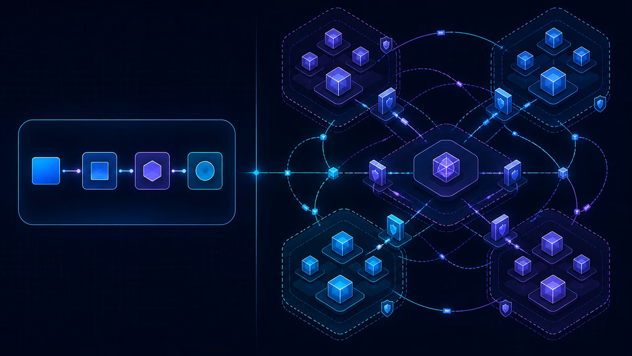 Google ADK e A2A Protocol: o que muda para agentes de IA conectados? 3 Comparação entre um fluxo linear simples e uma rede distribuída de agentes