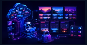 Ilustração de um agente de IA organizando fotos na nuvem com cadeado e controles de privacidade