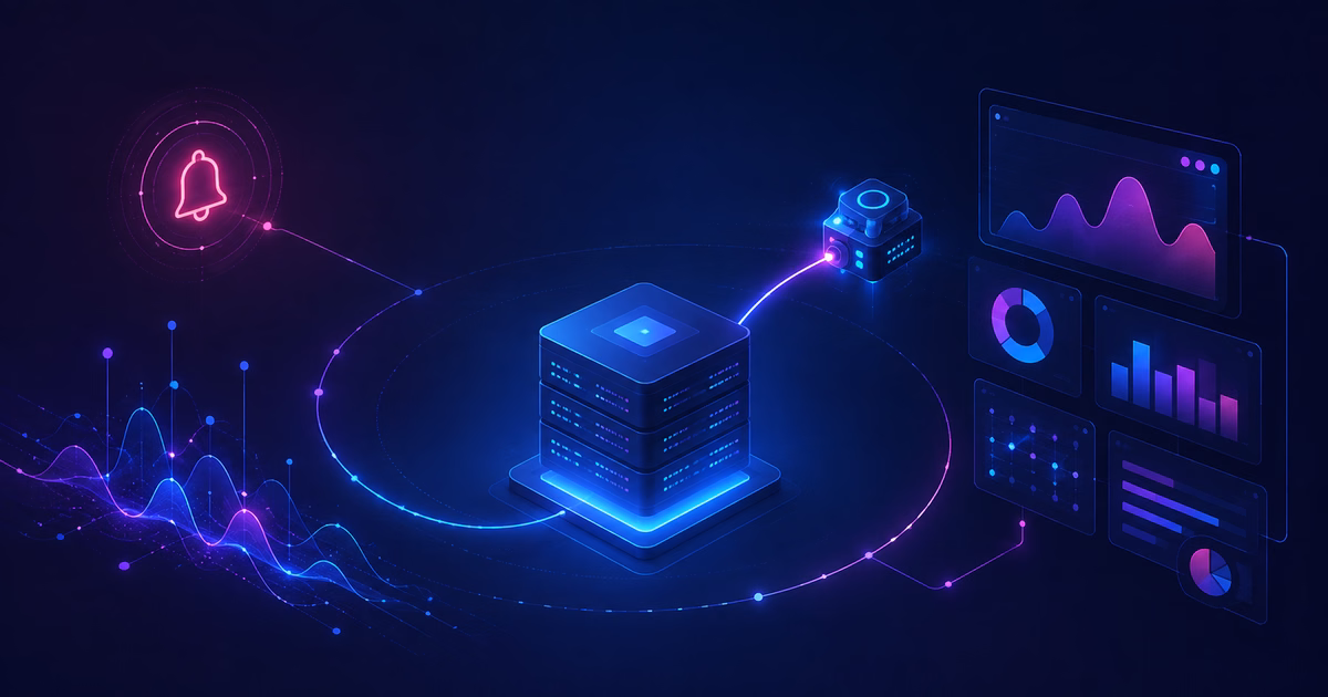 Grafana, Prometheus ou Uptime Kuma: monitorar VPS sem virar SRE 1 Ilustração de uma VPS como núcleo conectada a alerta, métricas, dashboard e sonda externa