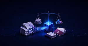 Jornais e documentos judiciais diante de um servidor de inteligência artificial em uma disputa sobre direitos autorais