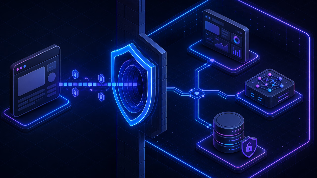 Ollama vs LM Studio vs vLLM: qual stack usar para LLM local em 2026? 1 Diagrama de arquitetura em que o acesso à interface de LLM passa por um gateway protegido antes do endpoint privado e do armazenamento