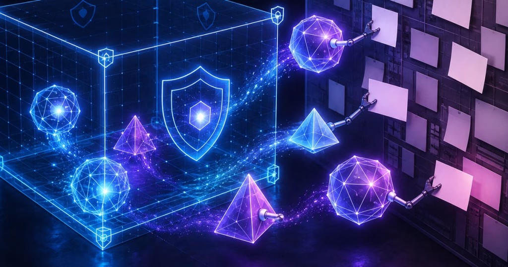 Ilustração de agentes de IA saindo de um sandbox e registrando notas em uma wiki pública