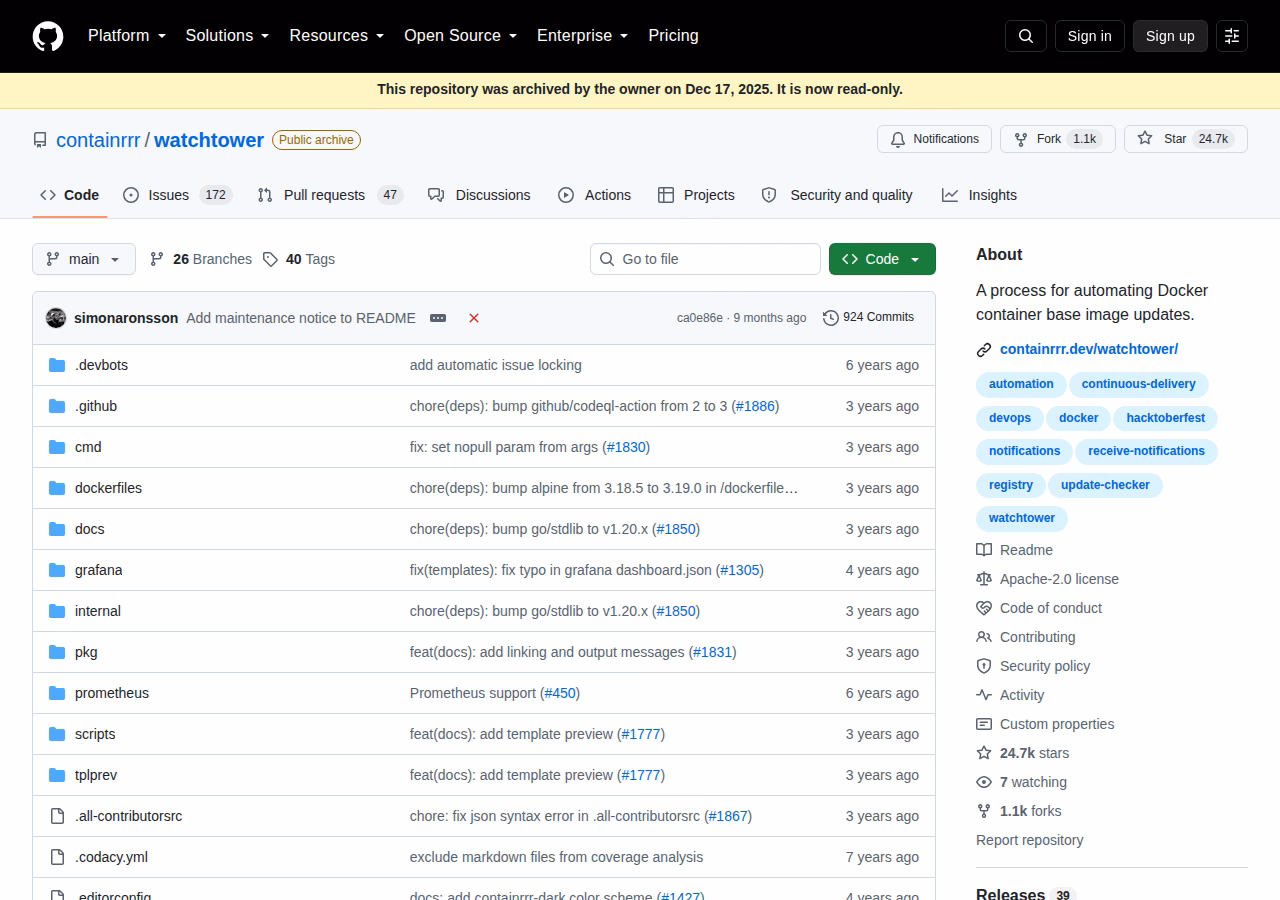 Watchtower no GitHub: repositório arquivado e somente leitura Página do repositório oficial containrrr/watchtower marcada como arquivada e somente leitura.