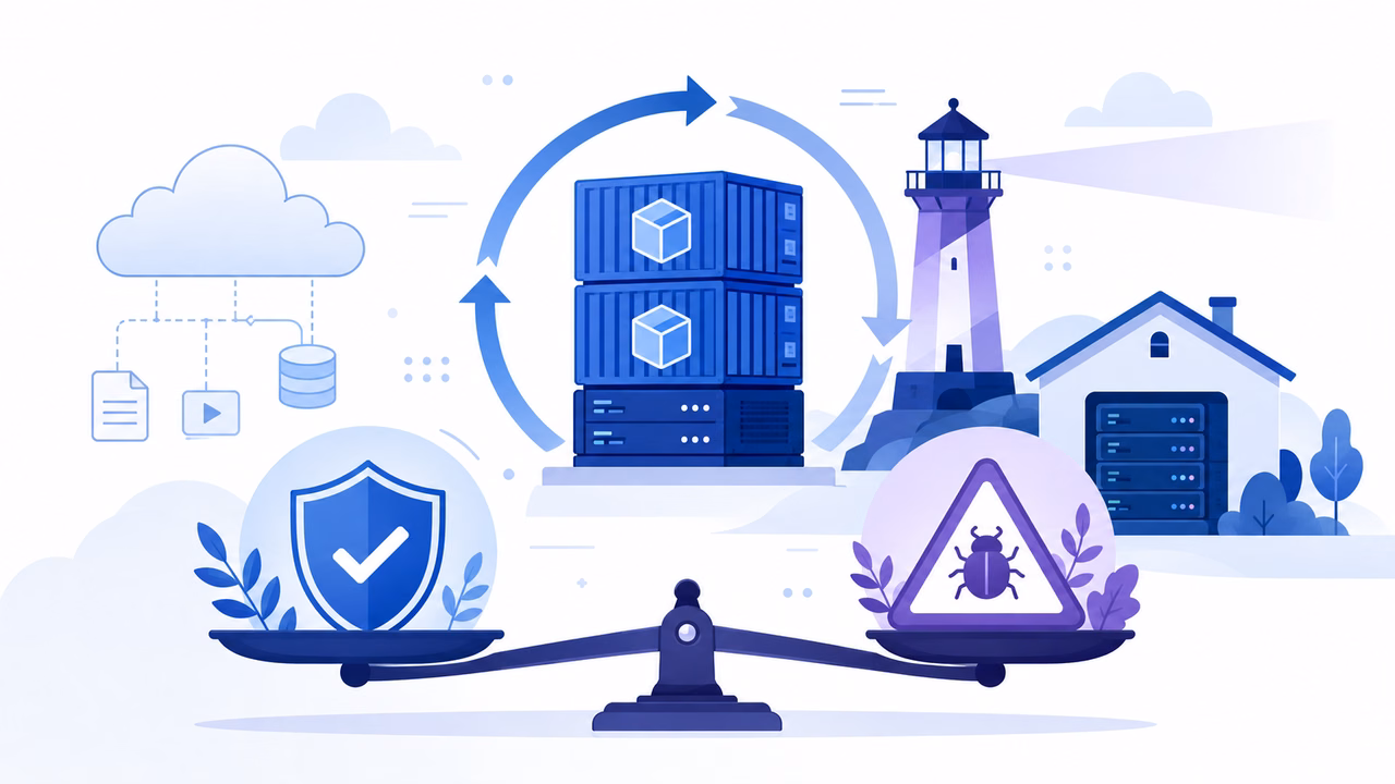 Watchtower Docker: atualização automática é risco? 1 Containers em ciclo de atualização com farol, controles de segurança e alerta de vulnerabilidade